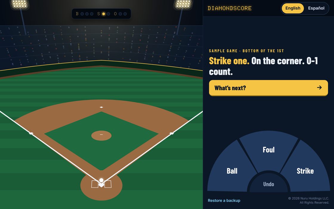 DiamondScore&rsquo;s First Pitch screen: a night ballpark, the count in lights, and the thumb wheel to call Ball, Foul or Strike