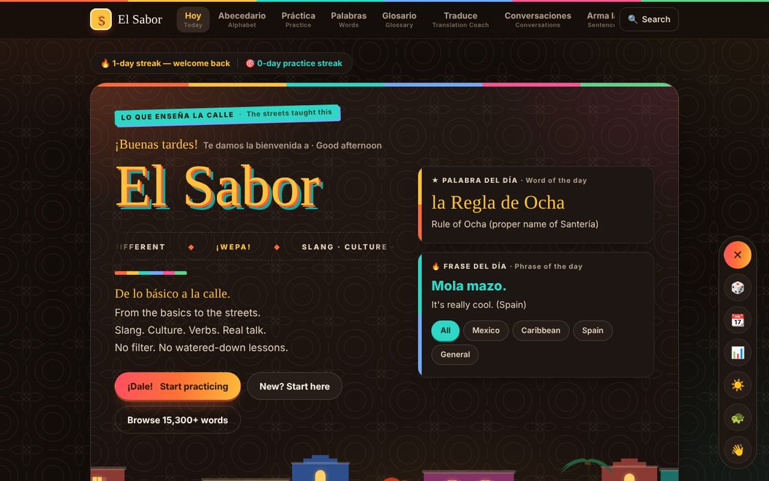 The current El Sabor build: the home screen with the word and phrase of the day