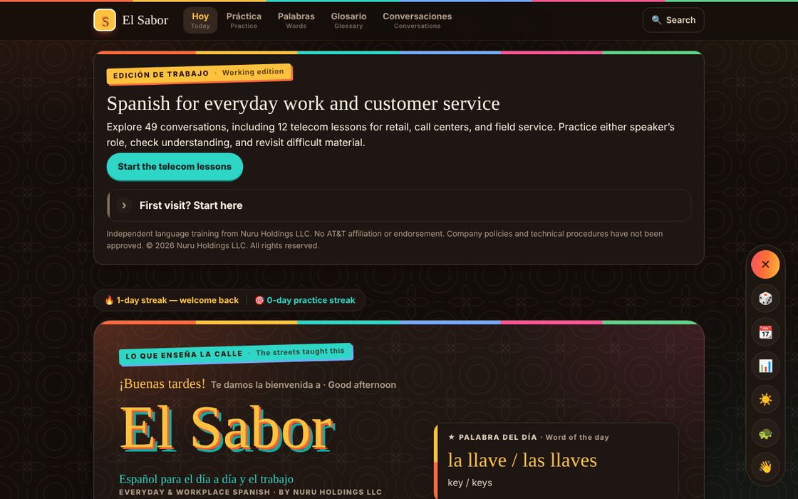 The current Everyday and Workplace build of El Sabor: Spanish for work and customer service