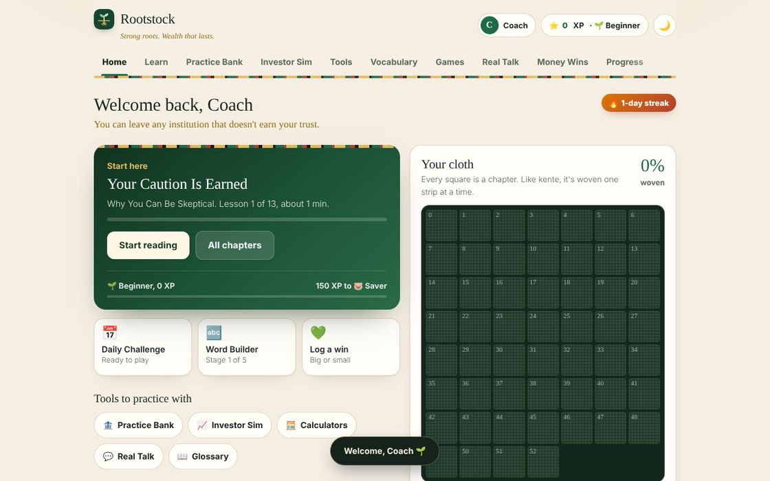 The current Rootstock build: the home screen with the first lesson and the chapter cloth